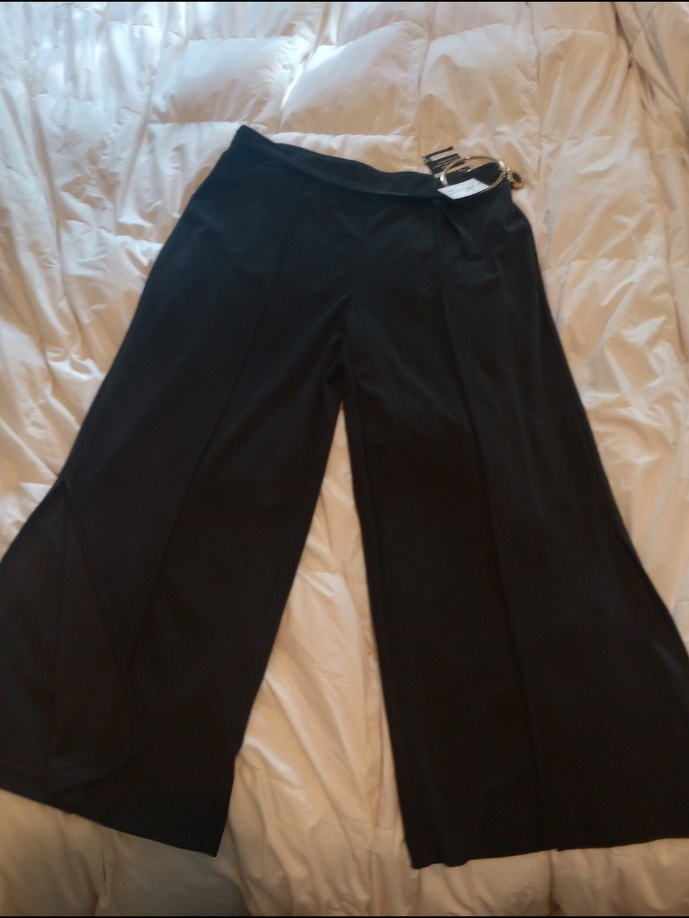 Wide-Leg Black Women's Pants1XP Gold Belt Attached Stretch Waist